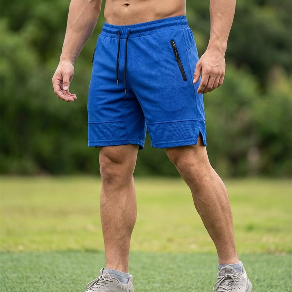 Men's black performance athletic shorts with zipper pocket, quick dry fabric, ideal for running, gym, and fitness.