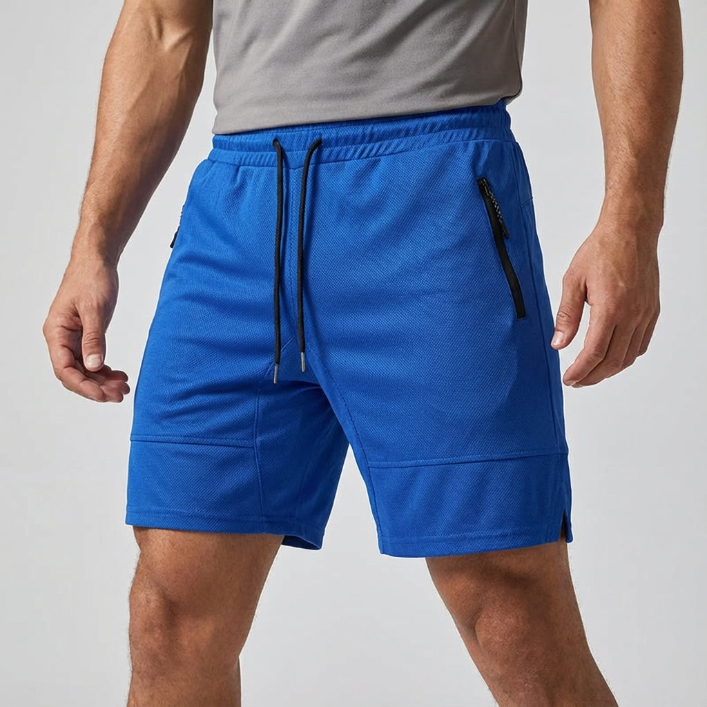 Men's quick-dry fitness shorts, black, featuring a secure zipper pocket, designed for athletic performance.