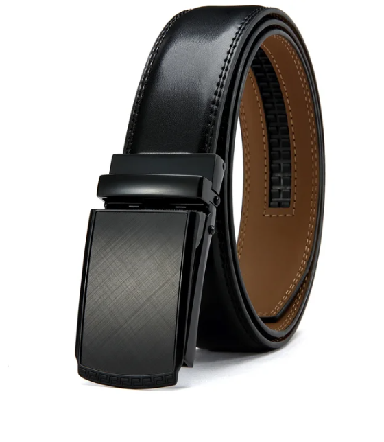 Premium men's leather belt, designed with an automatic ratchet buckle for effortless adjustability.