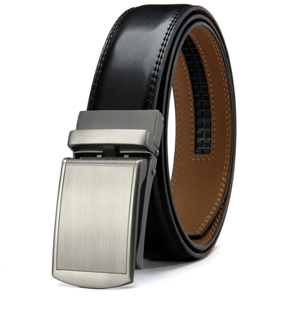 Men's adjustable leather belt with a premium automatic buckle, ensuring a custom, comfortable fit.