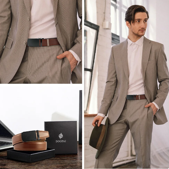 Elegant brown leather belt for men with an adjustable automatic buckle, a versatile fashion accessory.