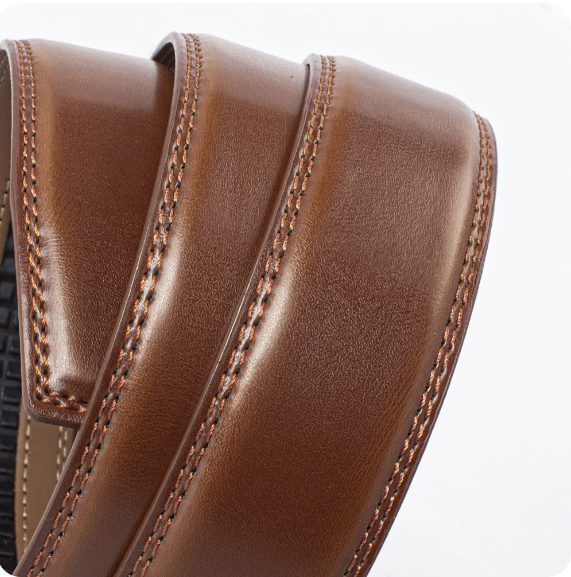 Close-up of a men's premium leather belt showing the sophisticated automatic buckle mechanism.
