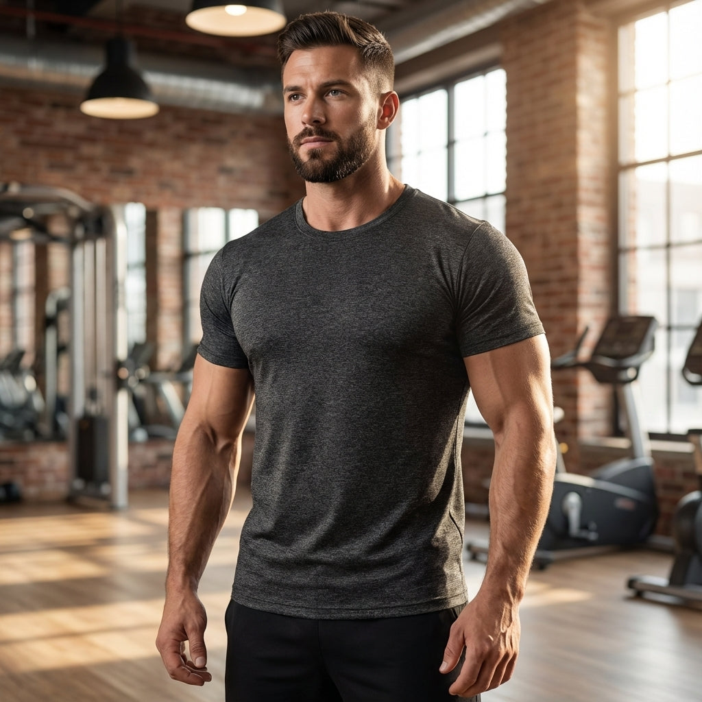 Men's black quick-drying athletic fitness shirt, muscle fit for active workouts