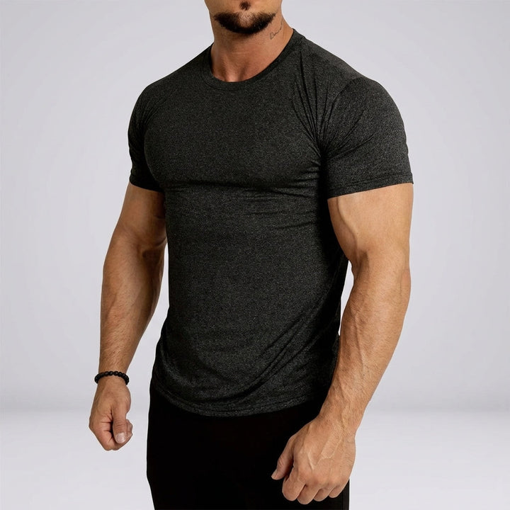 Close-up of the breathable fabric on a men's lightweight fitness shirt, black