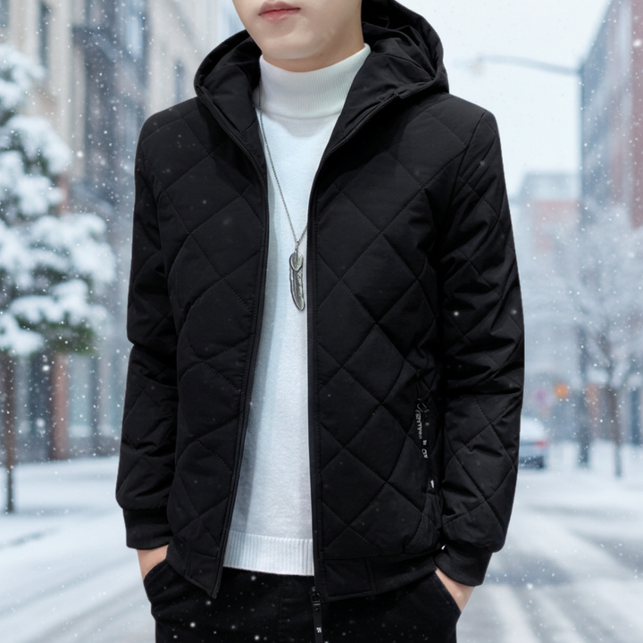 Men's black quilted winter jacket with hood, padded for cold weather, front view, outerwear.