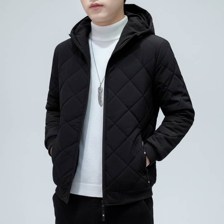 Gray men's hooded quilted jacket, ideal for winter, featuring puffer style and warm padding.