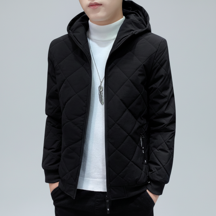 Stylish men's padded hooded jacket in gray, perfect for winter and cold weather fashion.