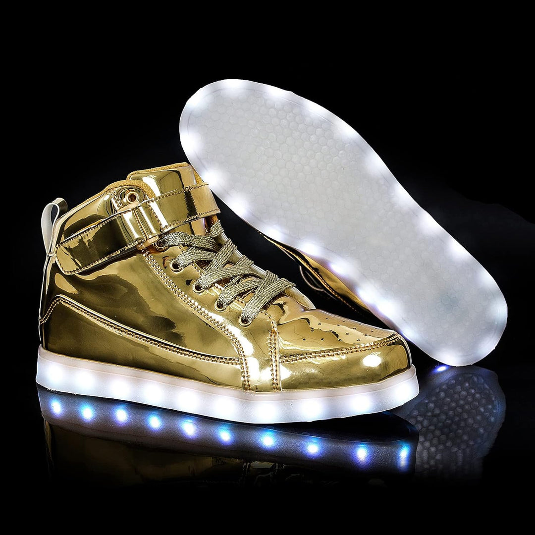 High-top men's light-up sneakers with dynamic LED patterns, comfortable & rechargeable.