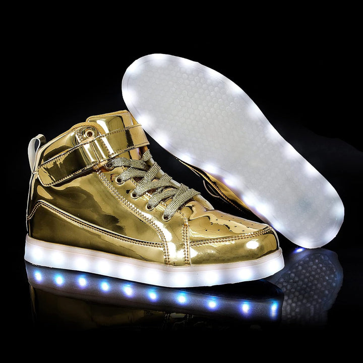High-top men's light-up sneakers with dynamic LED patterns, comfortable & rechargeable.