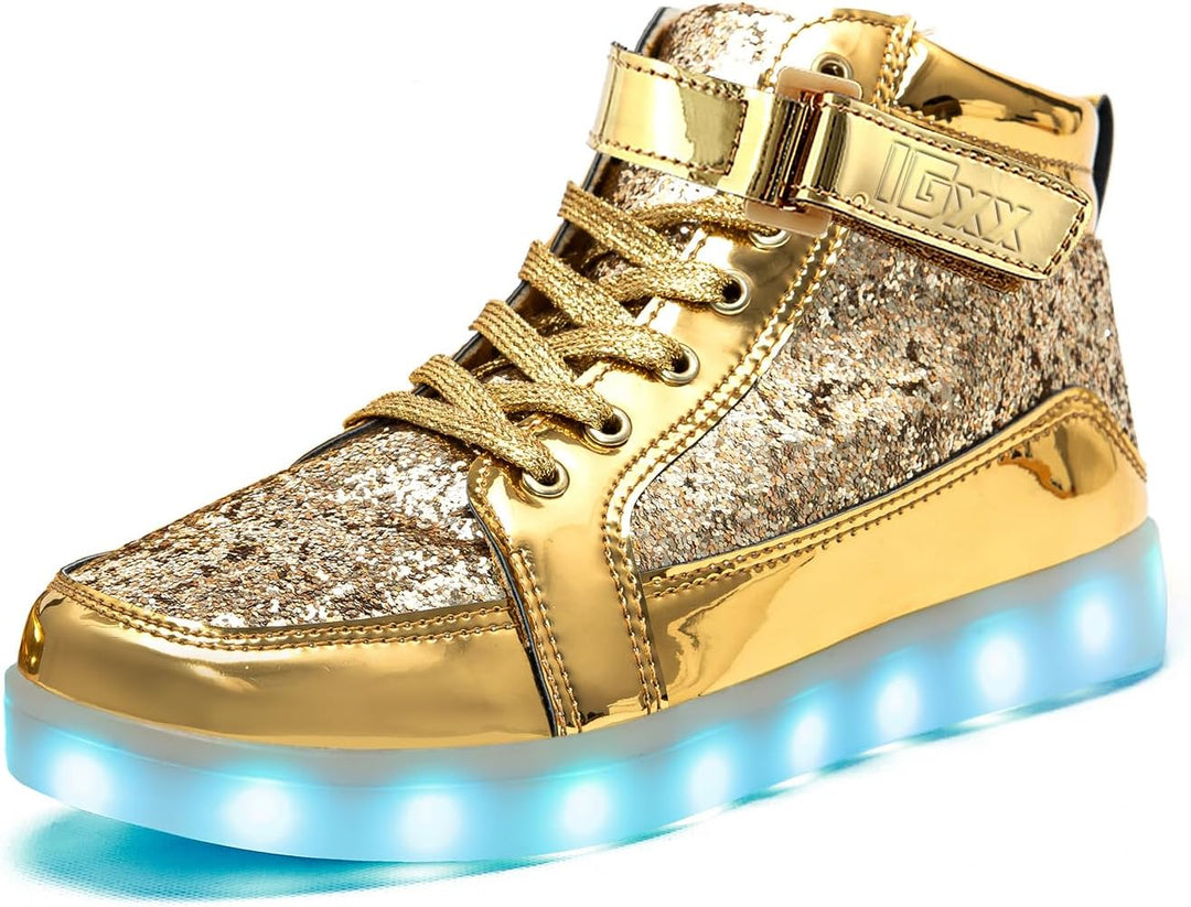 Side profile of black men's rechargeable LED light-up sneakers, glowing brightly.