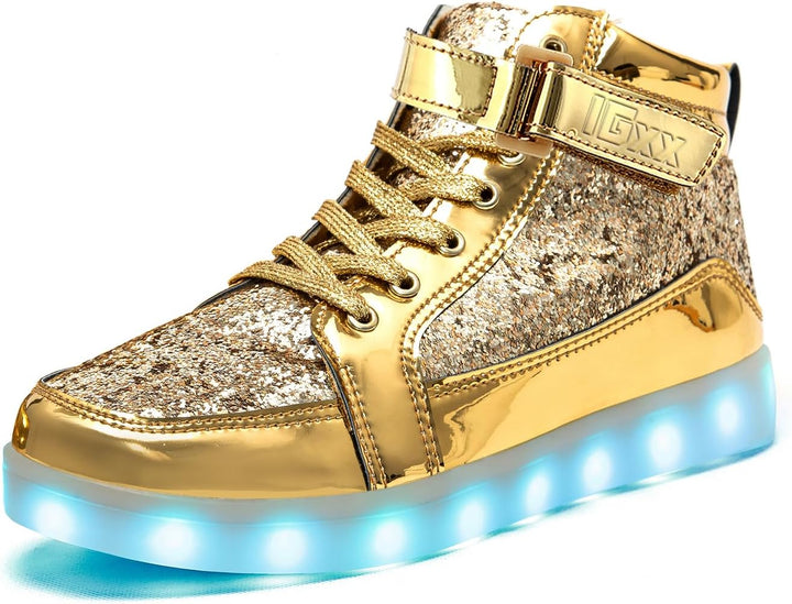 Side profile of black men's rechargeable LED light-up sneakers, glowing brightly.