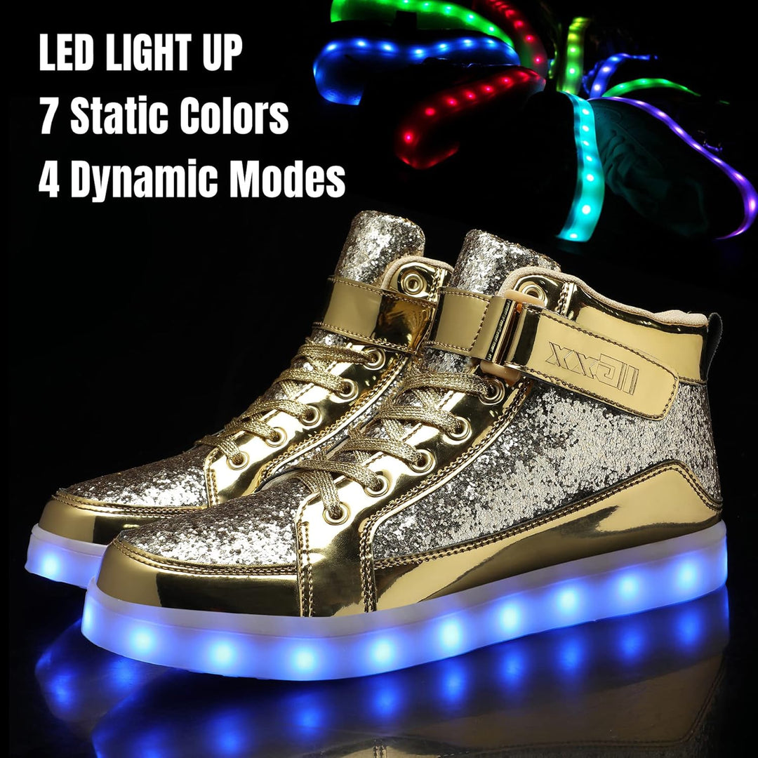 Pair of men's light-up sneakers displaying different LED colors, seen from above.