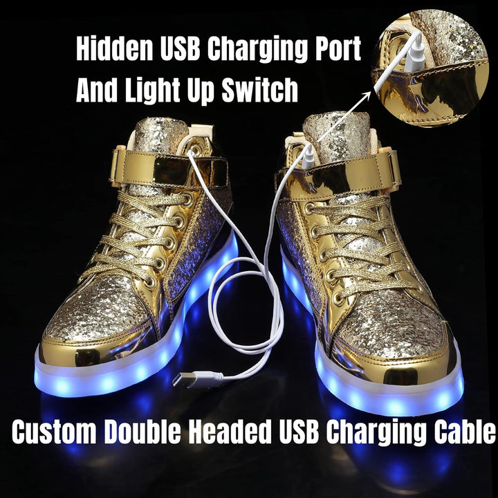 Men's rechargeable glowing sneakers, close-up of the illuminated tread on the sole.