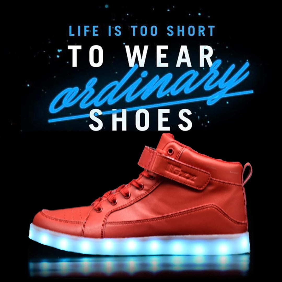 Stylish white men's LED shoes with multi-color lights, USB rechargeable.
