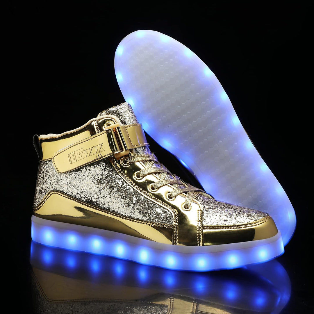 Back view of men's fashion LED sneakers, showcasing heel support & glowing strip.