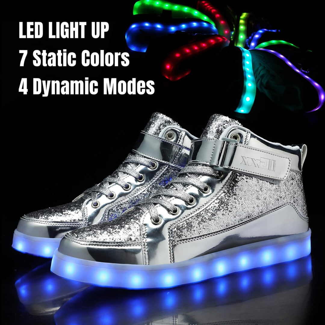 White men's LED shoes glowing red, perfect for a striking visual effect at night.