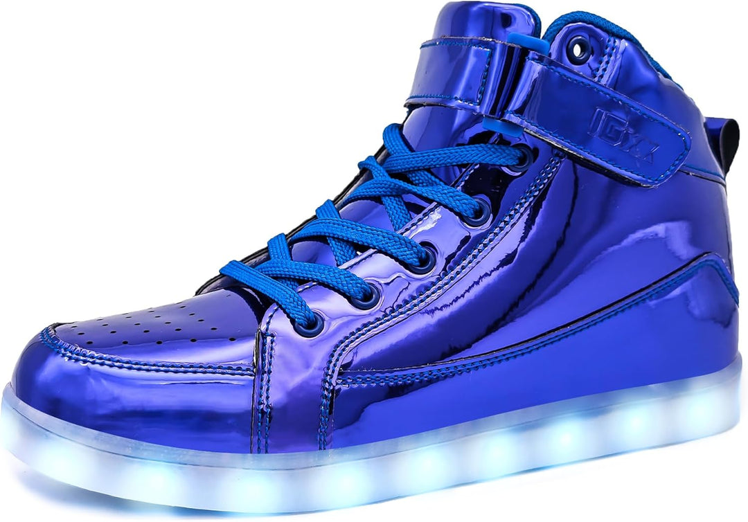 Rechargeable men's LED sneakers, showcasing various light modes: strobe, fade, static.