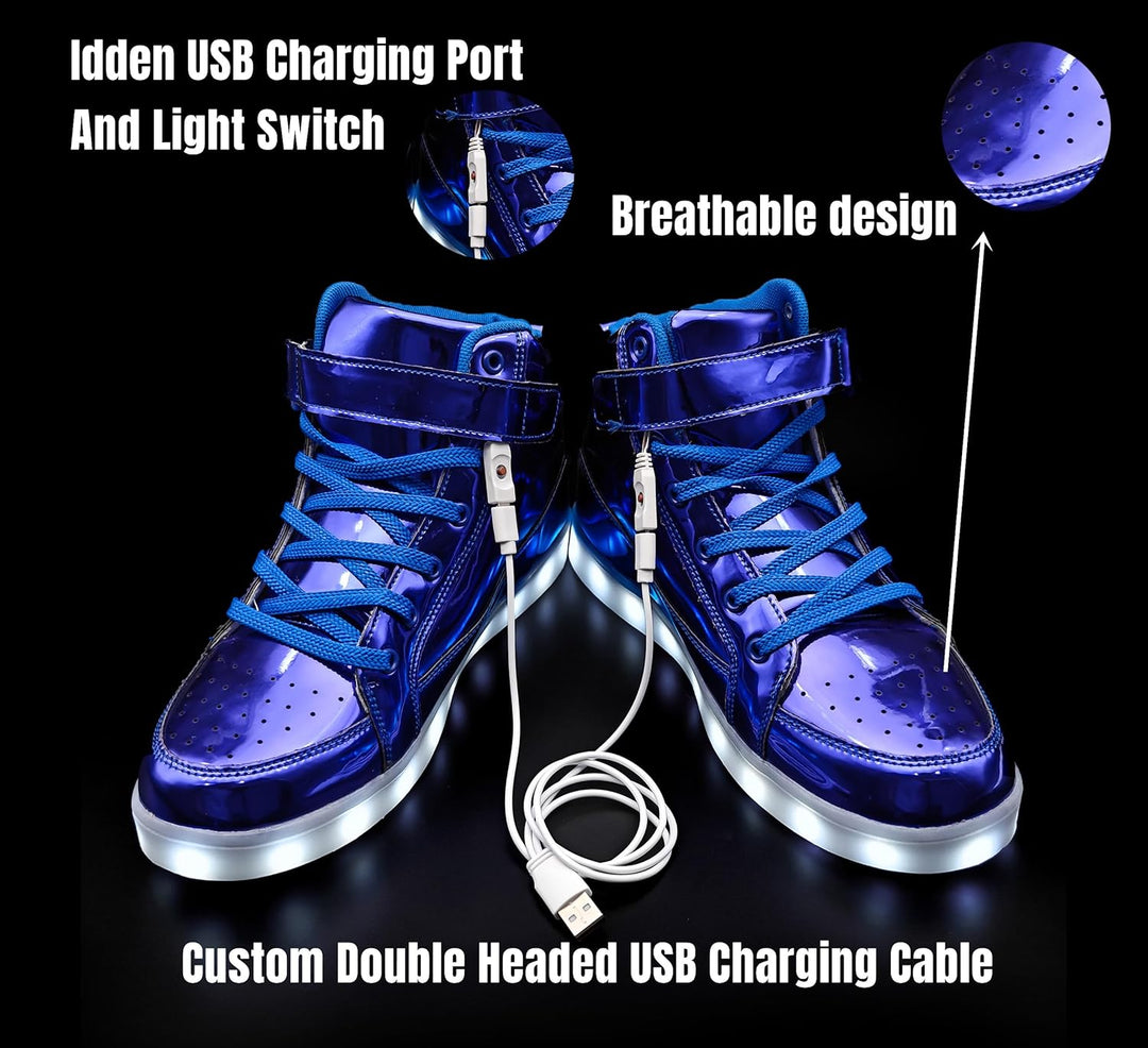 Close-up of men's LED light-up sneakers, focusing on the high-quality synthetic upper.