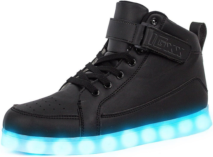 Men's light-up sneakers in a group shot, showing diverse glowing color combinations.