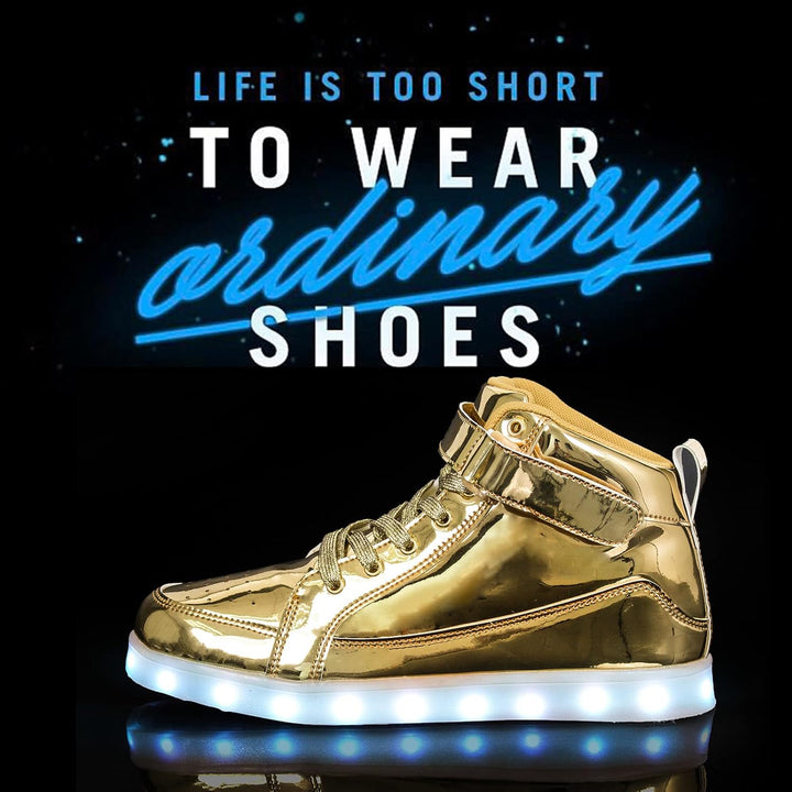 Close-up of men's rechargeable light-up sneakers showing glowing sole & laces.