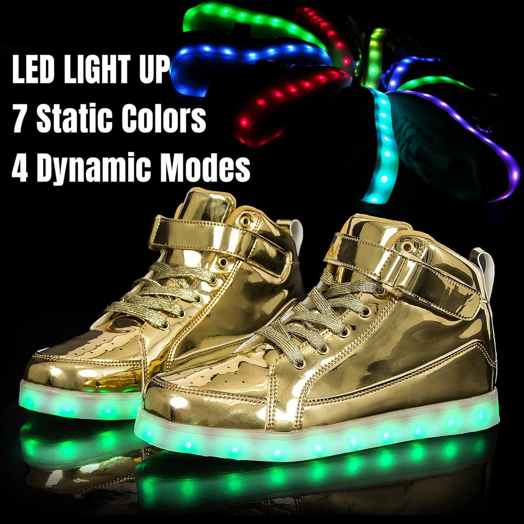 Detail of men's glowing sneakers, highlighting the discreet charging port & control button.