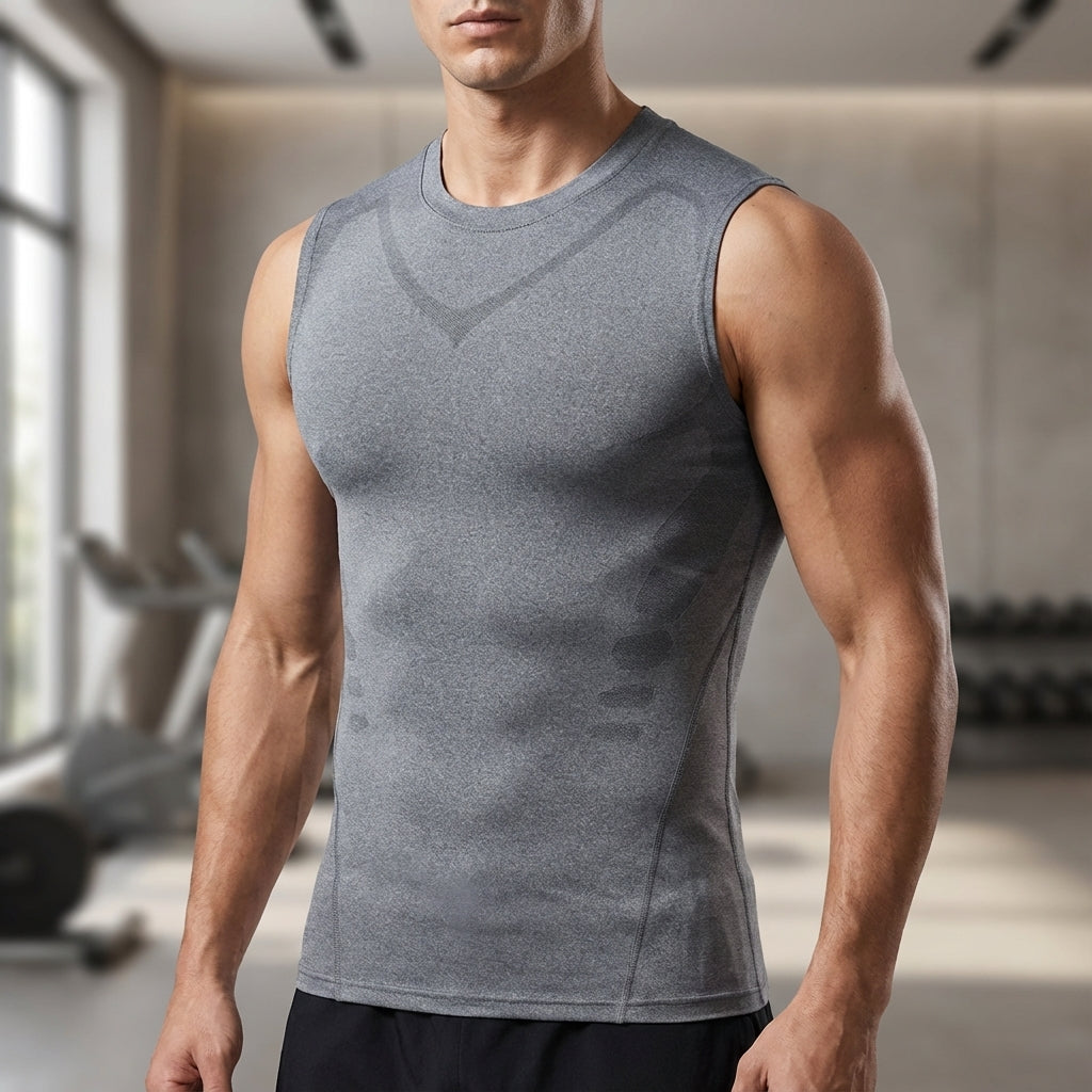 Men's black seamless slim fit compression top for activewear, front view