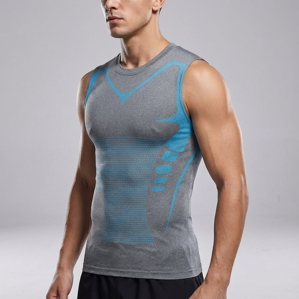 Detail of the breathable fabric on a men's seamless slim fit compression undershirt