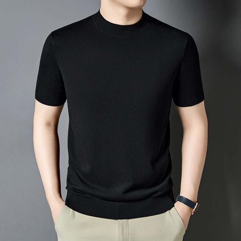 Men's black slim fit mock neck t-shirt; short sleeve casual top for everyday wear.
