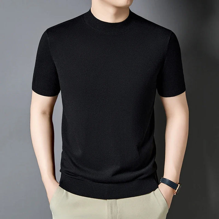 Men's black slim fit mock neck t-shirt; short sleeve casual top for everyday wear.