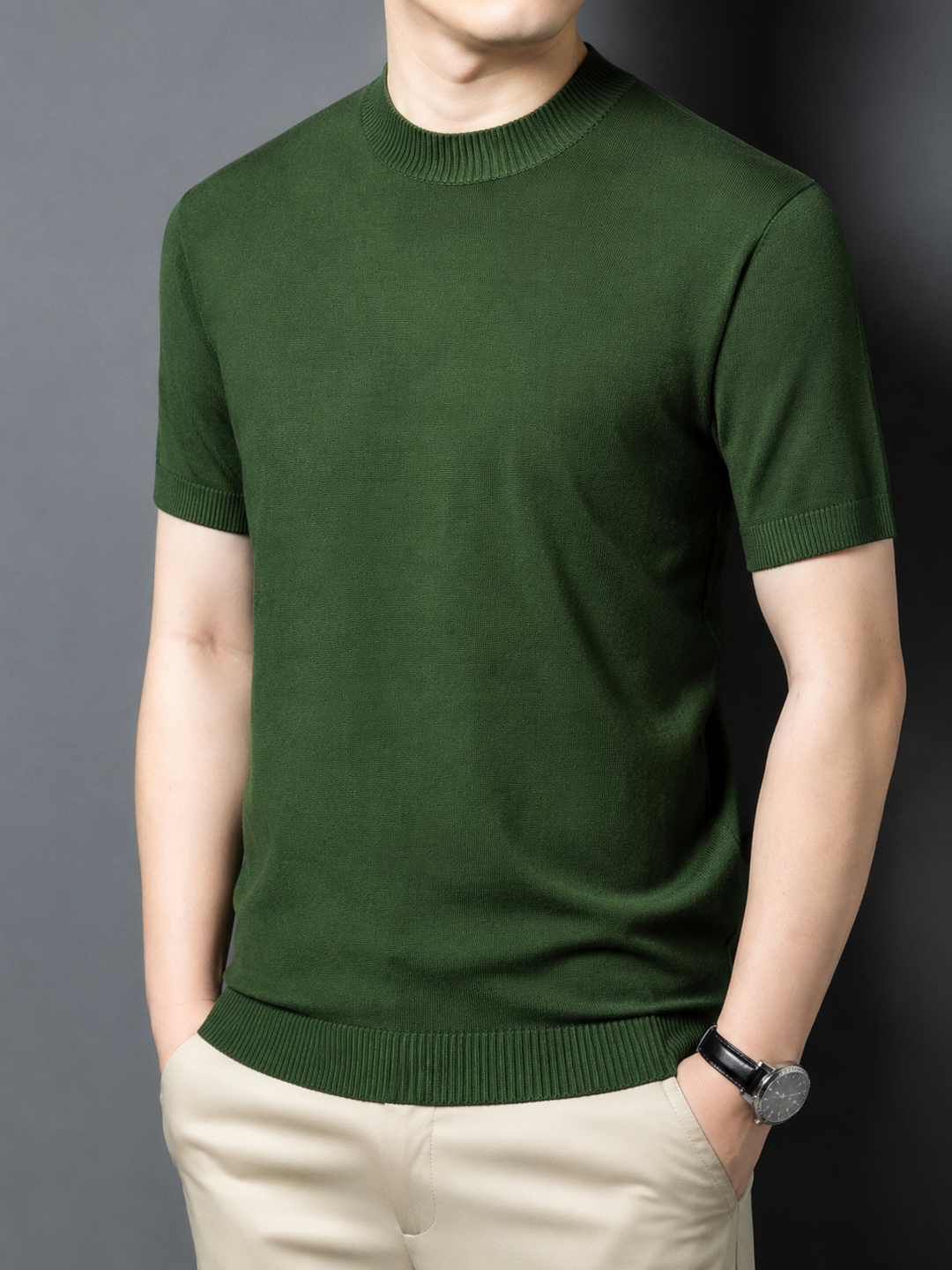 Versatile men's slim fit t-shirt, short sleeve, featuring a contemporary mock neck.
