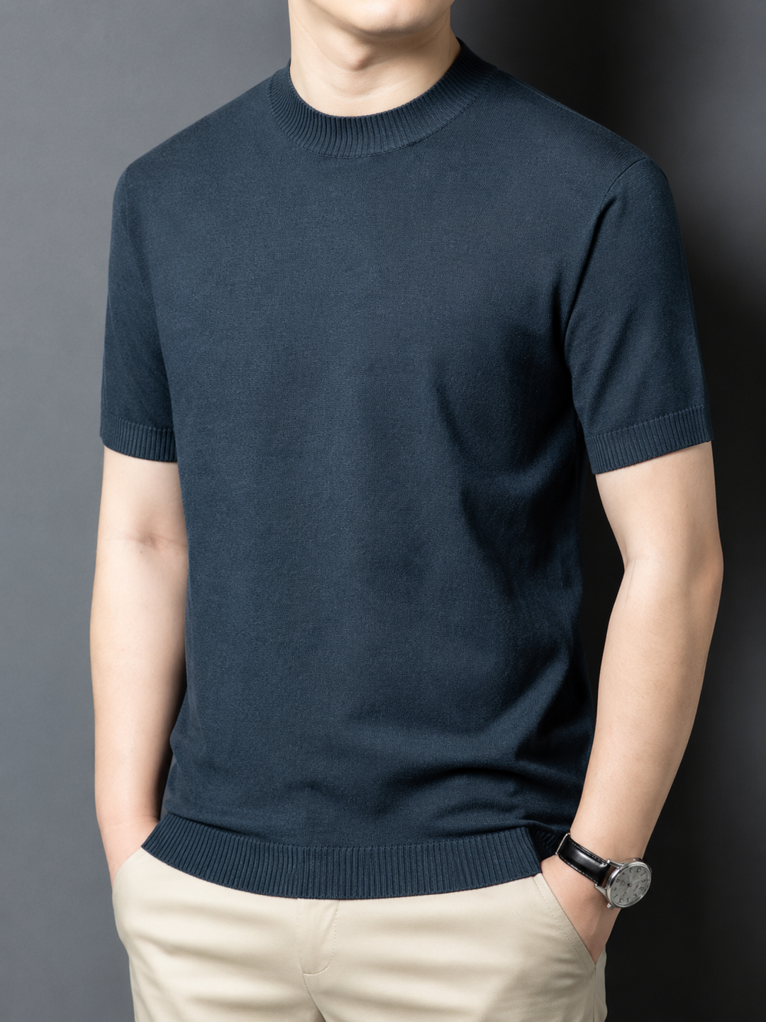 Men's white slim fit mock neck t-shirt, short sleeve casual top, ideal for summer.