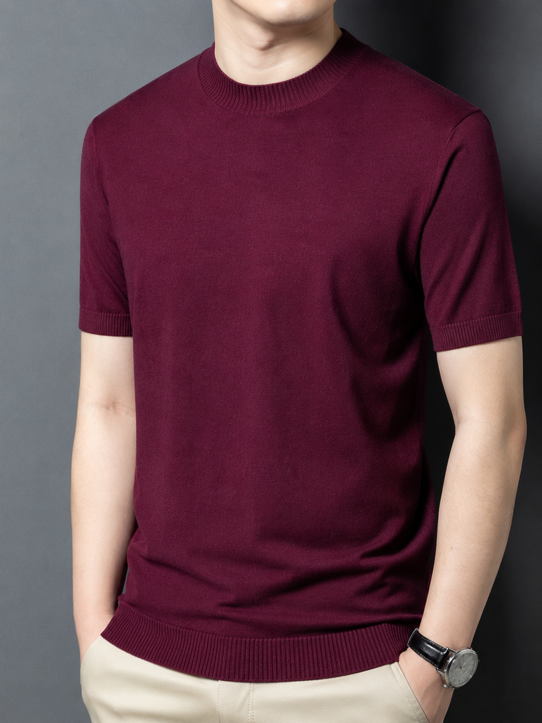 Gray men's casual t-shirt: slim fit, short sleeve, and a modern mock neck design.