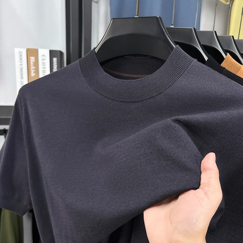 Soft men's mock neck t-shirt, short sleeve, slim fit for a comfortable summer outfit.