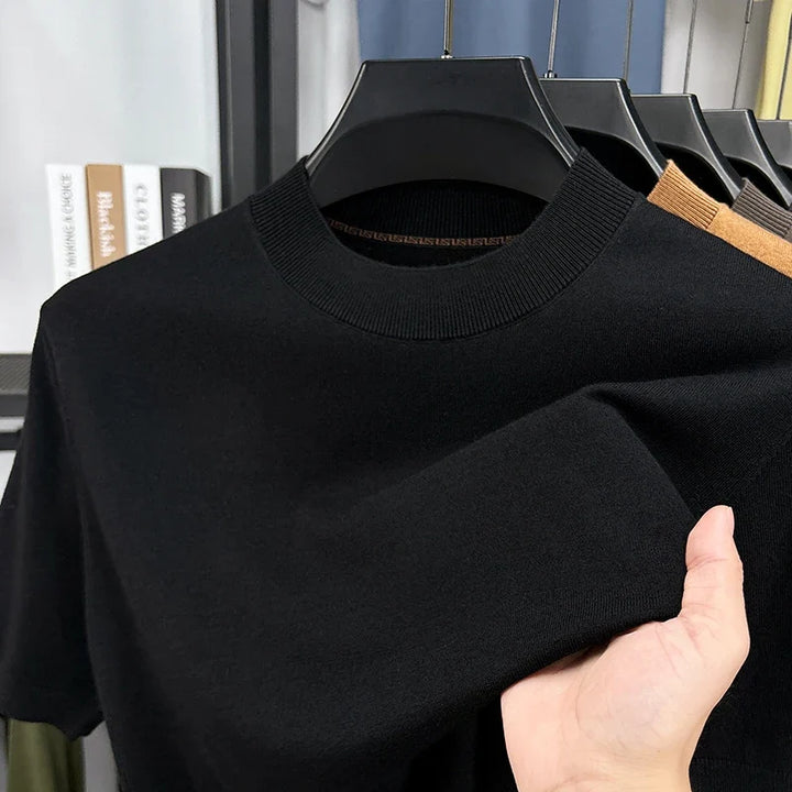 Men's stylish slim fit tee with short sleeves & a mock neck, perfect for casual outings.