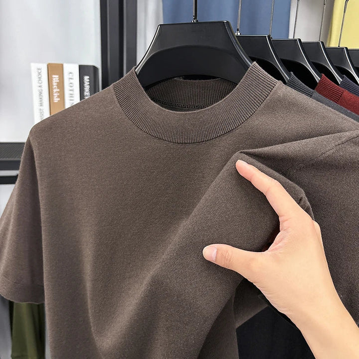 Comfortable & versatile men's short sleeve t-shirt, slim fit with a sleek mock neck.
