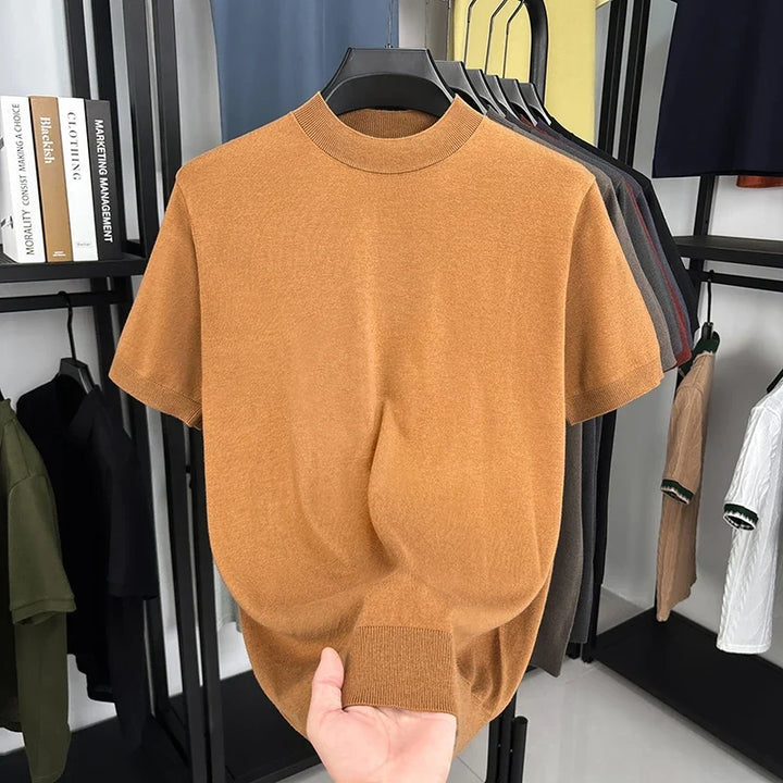 Men's modern mock neck t-shirt in slim fit; short sleeve and comfortable for all-day wear.