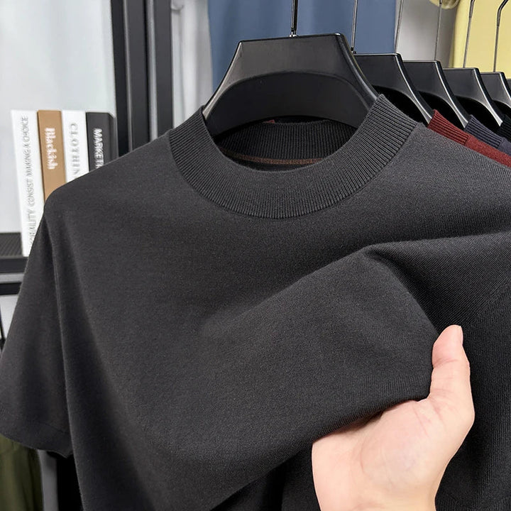 Stylish men's casual tee, short sleeve, slim fit, featuring a trendy mock neck design.