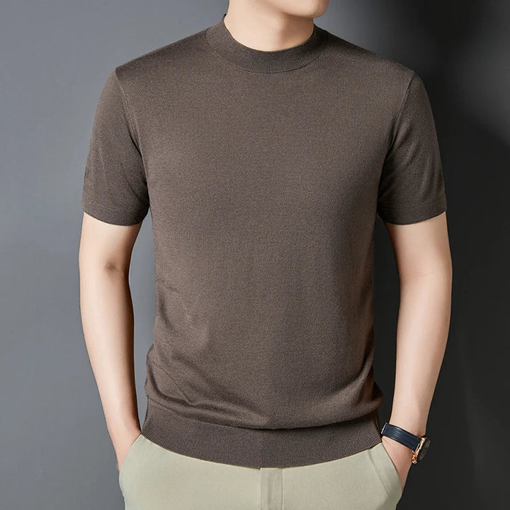 Stylish men's short sleeve tee with a modern mock neck; comfortable slim fit summer top.