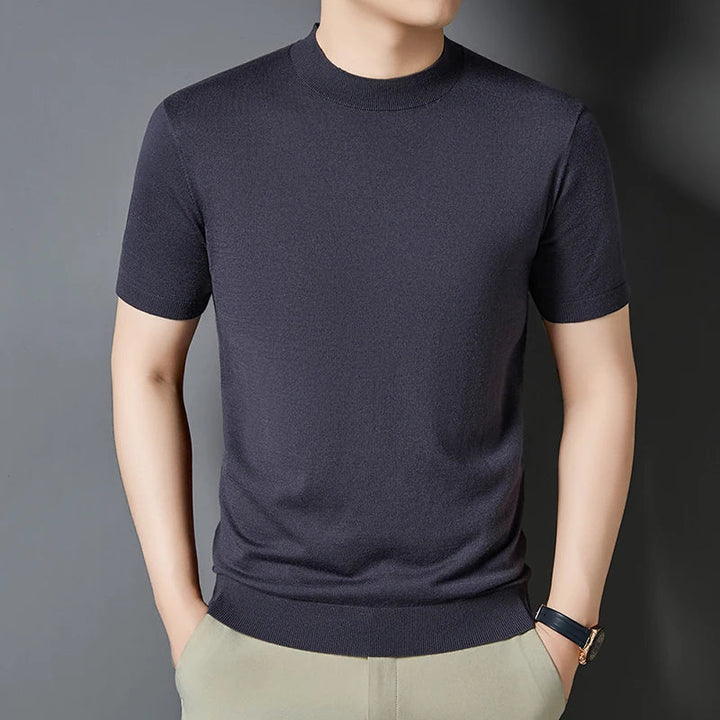 Versatile men's casual t-shirt; slim fit, short sleeve, and a chic mock neck design.