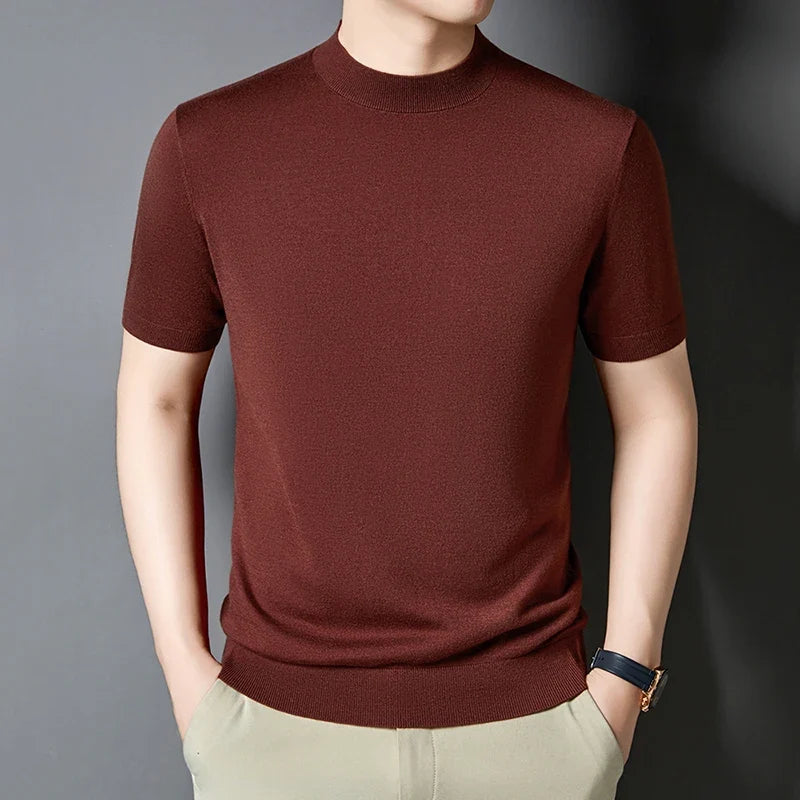 Comfortable men's mock neck tee, short sleeve, perfect for a slim fit casual summer look.