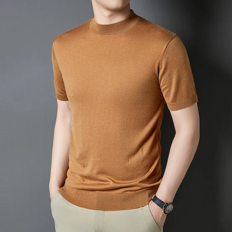 Modern men's slim fit t-shirt featuring a stylish mock neck & short sleeves for casual wear.