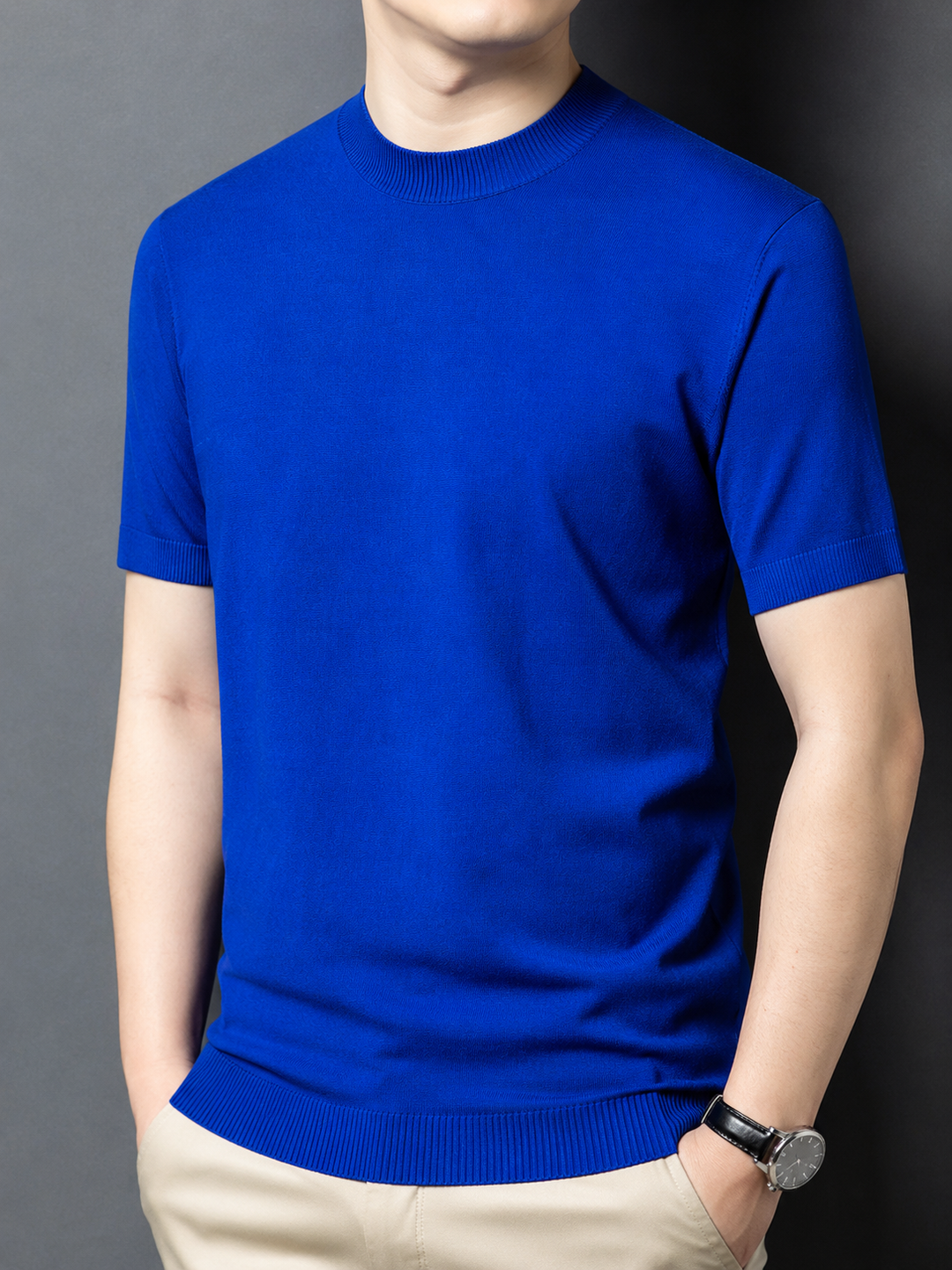 Comfortable men's short sleeve mock neck t-shirt; slim fit for a polished casual look.