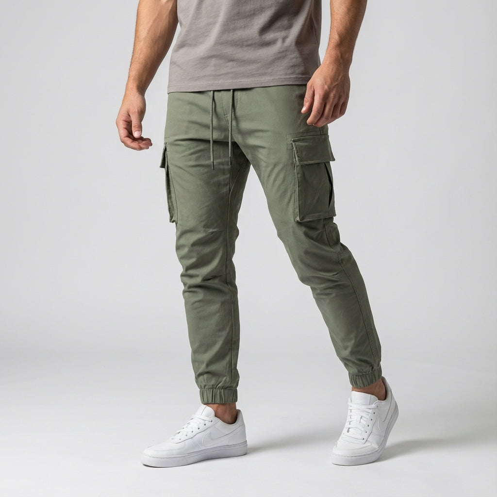 Full-body image of men's tapered fit stretch joggers with cargo pockets, combining style and utility
