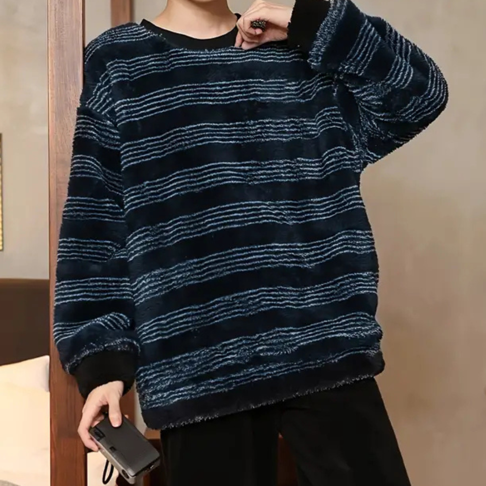 Men's black striped knit sweater, comfortable fit. Casual everyday winter fashion & cozy comfort.