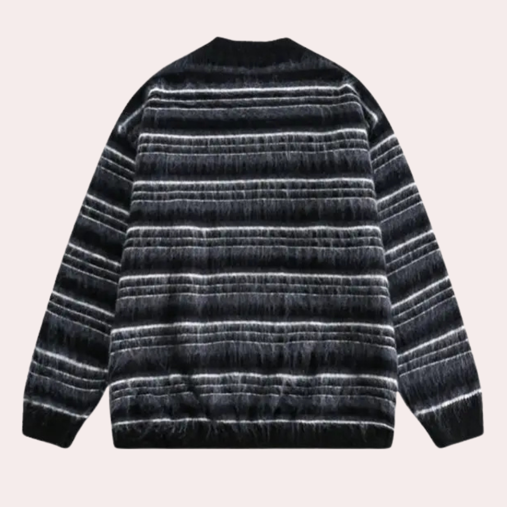 Stylish black & white striped men's knitwear sweater. Effortless everyday fashion, perfect for casual wear.