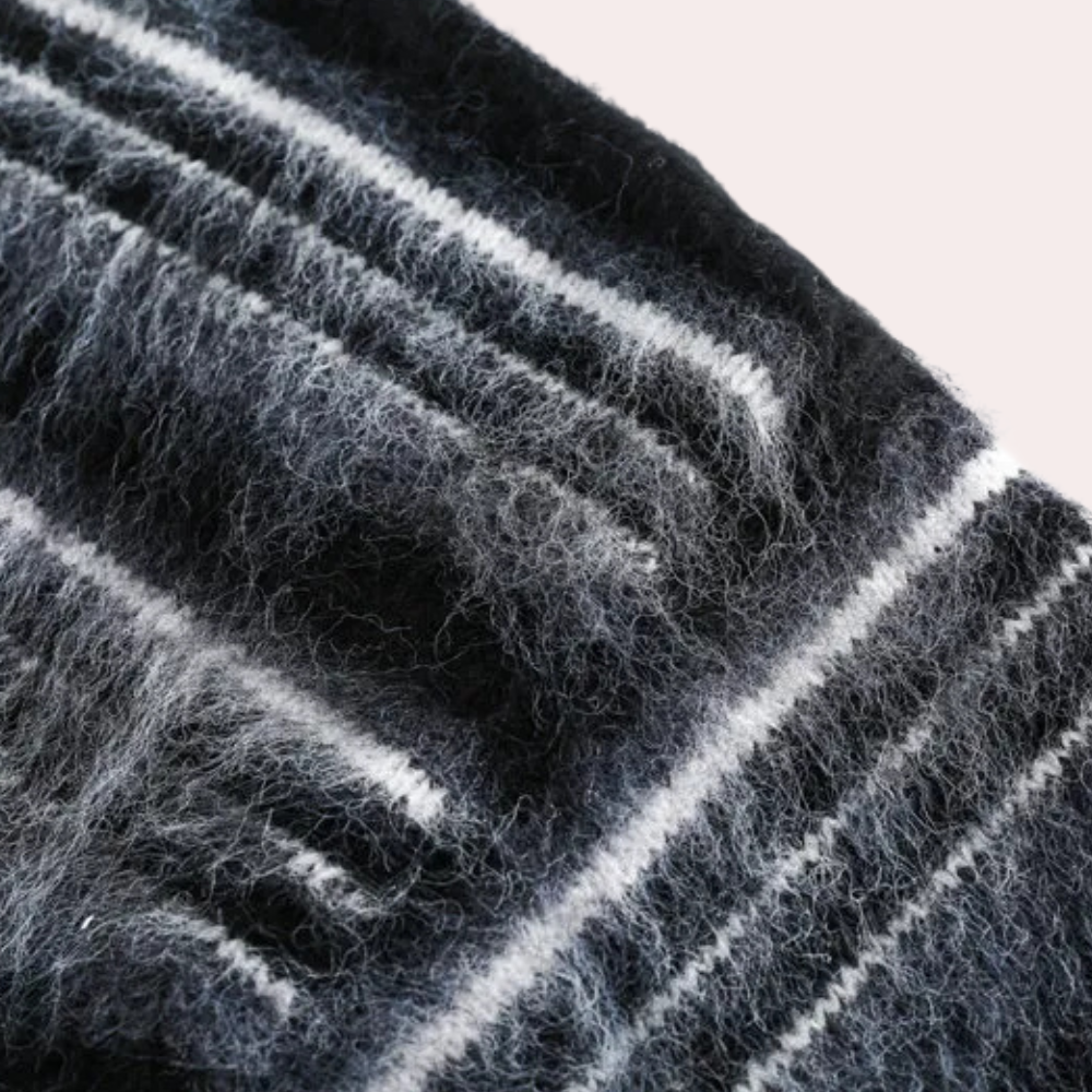 Versatile men's black striped sweater. Comfortable knitwear, ideal for casual wear & winter fashion.