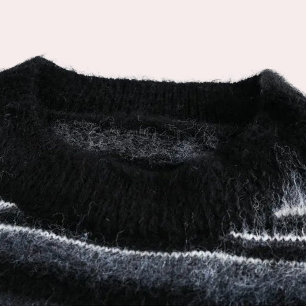Men's long sleeve black striped sweater. Perfect casual knitwear for cozy winter style and comfort.