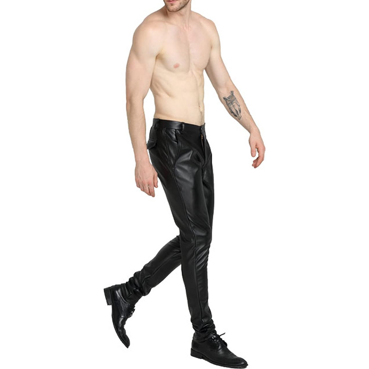 Black faux leather men's pants, tapered fit, excellent for various occasions