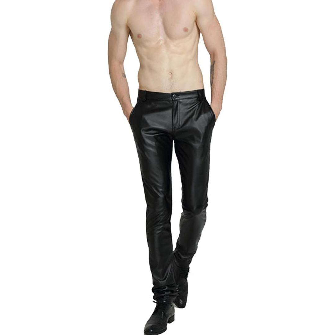 Close-up of faux leather texture on men's tapered biker pants, high quality