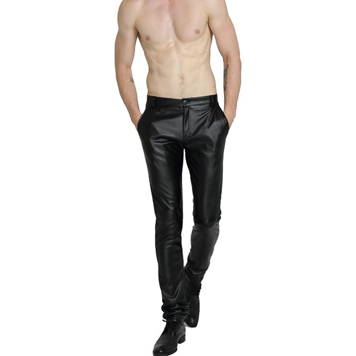 Close-up of faux leather texture on men's tapered biker pants, high quality